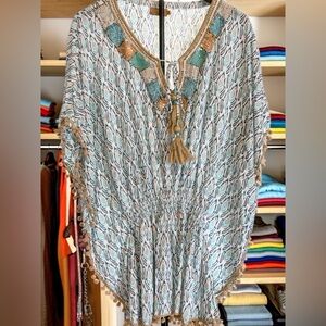 Skemo Bohemian Patterned Tunic with Tassels V-neck Flutter Sleeves Size Large
